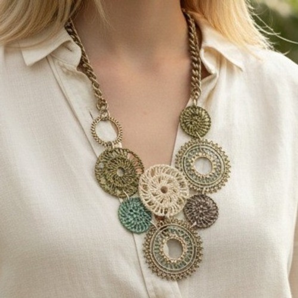 Boho Metal Medallion Bib Statement Necklace Bronze Green Cream Festival